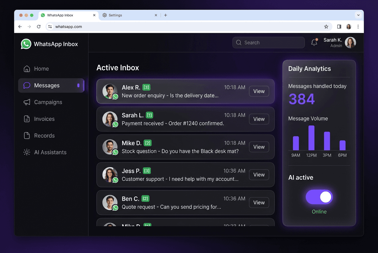 Opera AI dashboard showing the WhatsApp inbox, daily analytics and the AI assistant toggle